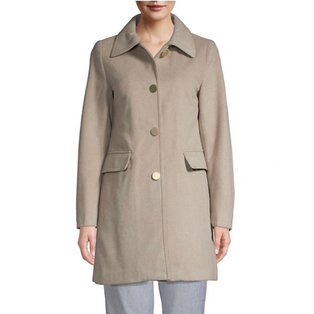 NWT T Tahari Size Large Sophie Brown Sugar Wool Blend A-line Coat Button Front